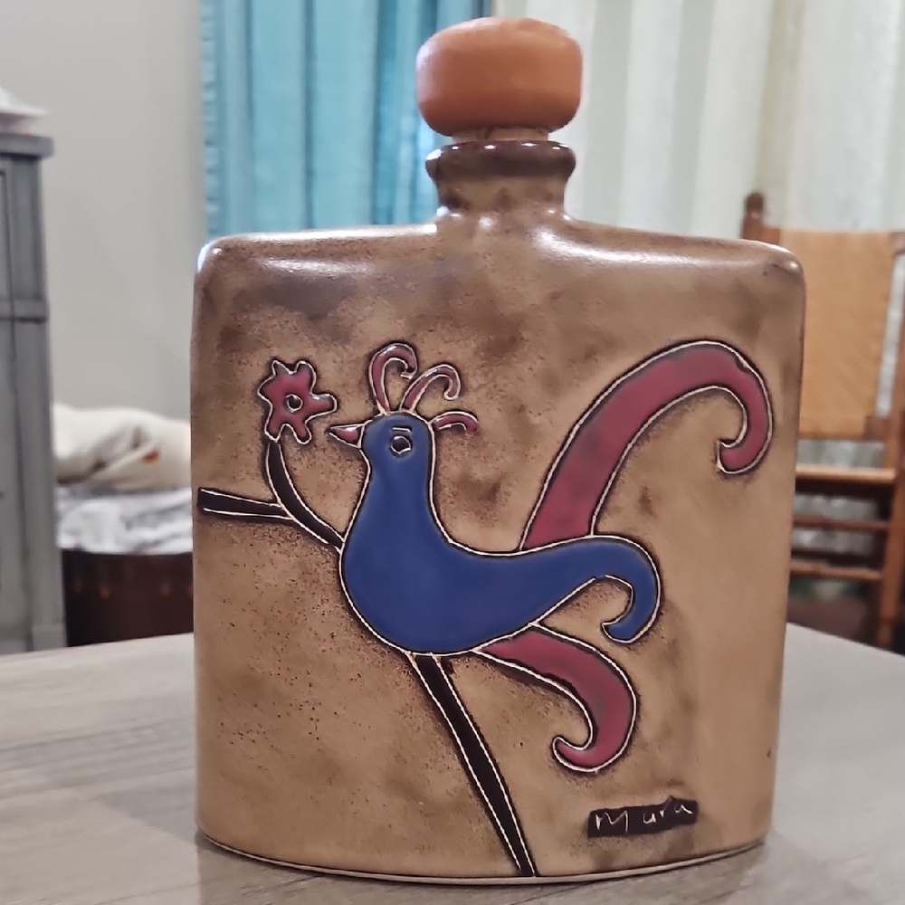 Blue and Brown Ceramic Art Piece with Rooster Design